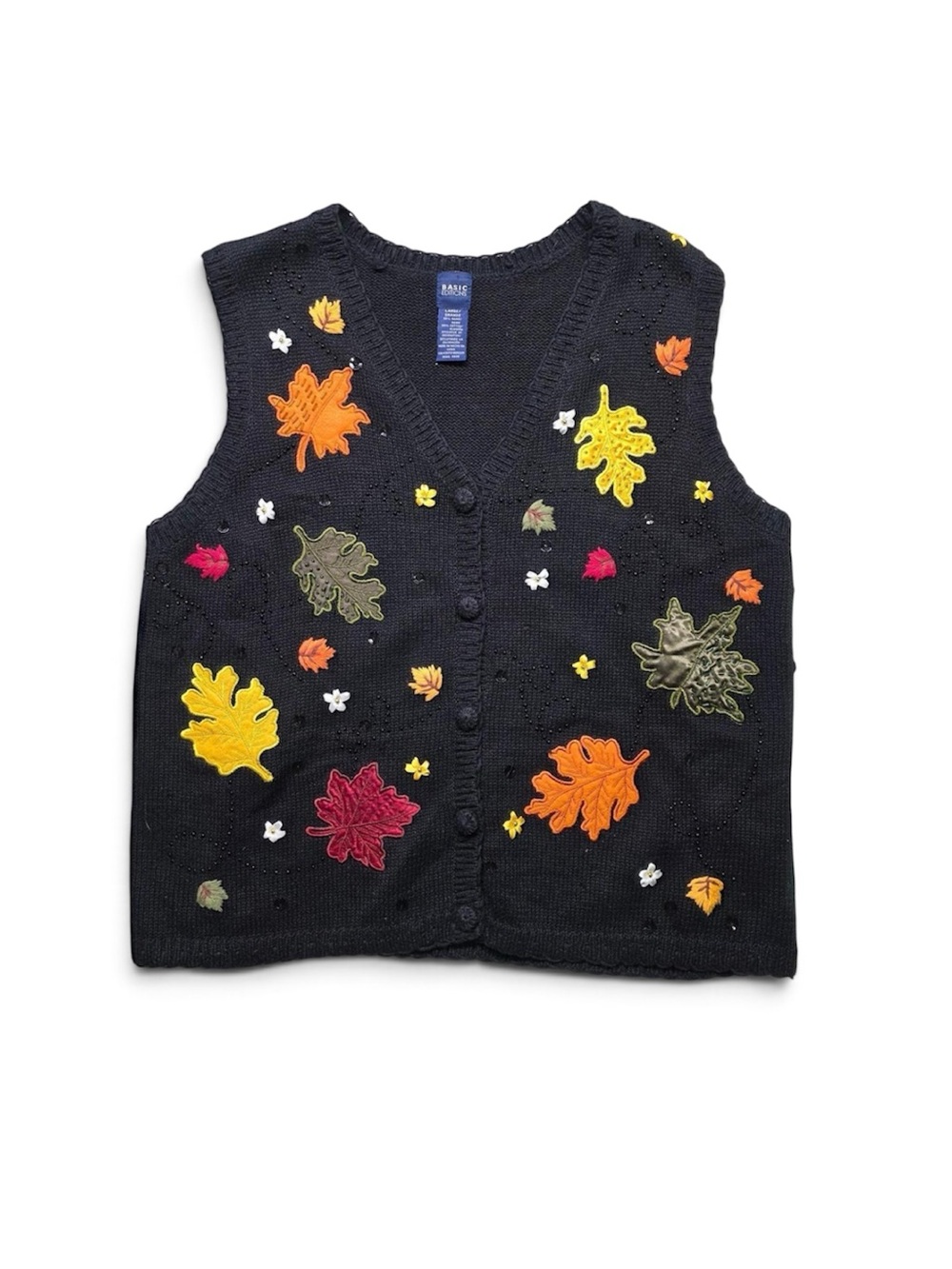 Vintage Basic Editions Black Knit Button-Sweater Vest Fall Leaves XL Cottagecore